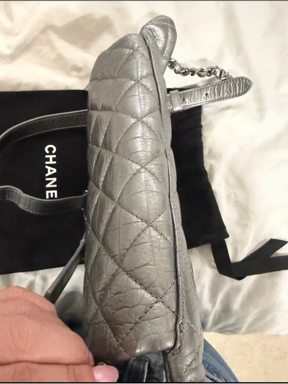 CHANEL Metallic Silver Quilted Leather Crossbody Bag